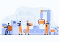 Factory workers and robotic arm removing packages from conveyor line. Engineer using computer and operating process. Vector illustration for business, production, machine technology concepts