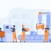 Factory workers and robotic arm removing packages from conveyor line. Engineer using computer and operating process. Vector illustration for business, production, machine technology concepts