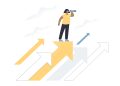 Tiny female person with spyglass looking for job opportunities. Business strategy, career change or direction, positive outlook flat vector illustration. Success, future vision, life goal concept
