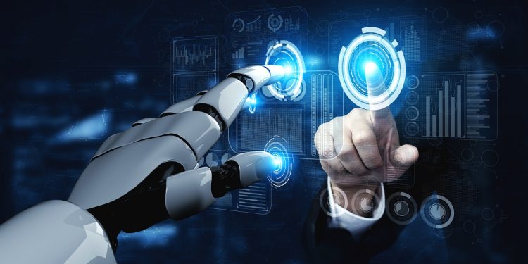 Artificial intelligence AI research of robot and cyborg development for future of people living. Digital data mining and machine learning technology design for computer brain communication.