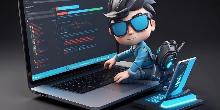 Cartoon 3d character developer designer working on laptop web app development deploy frontend