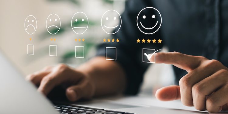 User give rating to service experience on online application, Customer review satisfaction feedback survey concept, Customer can evaluate quality of service leading to reputation ranking of business.